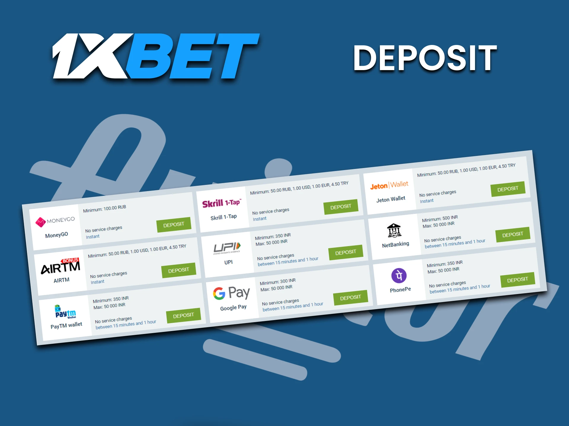 Choose your method of replenishing funds at 1xbet for Aviator.