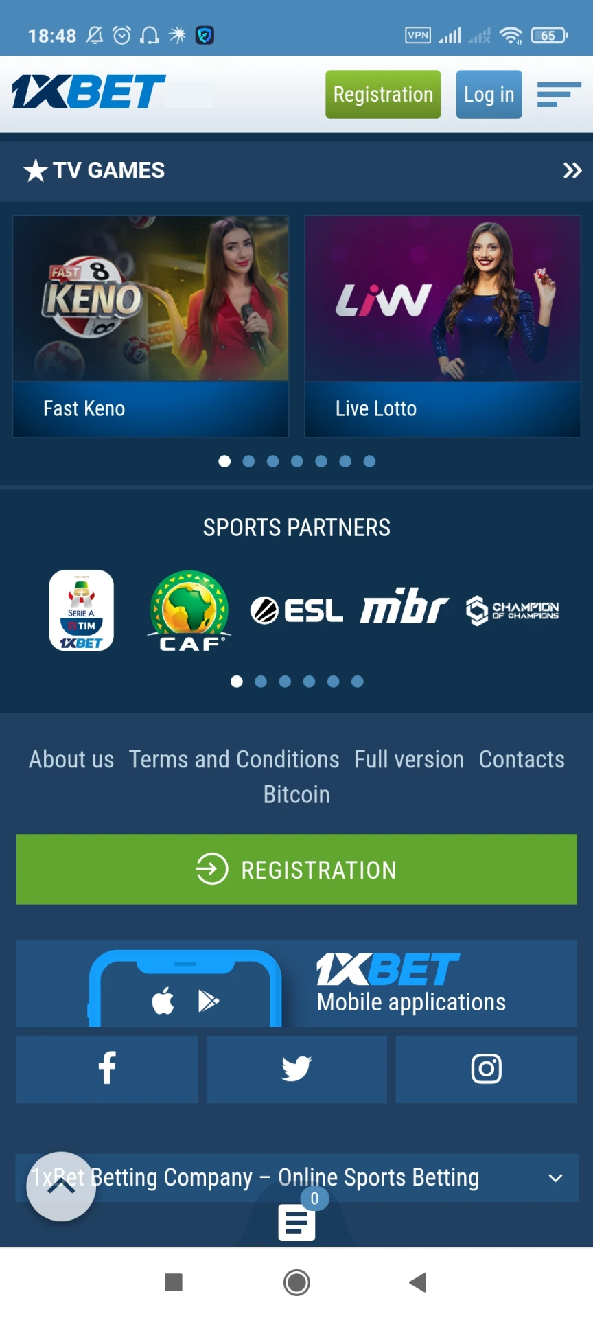 Ouvrez la section de l'application mobile 1xBet.