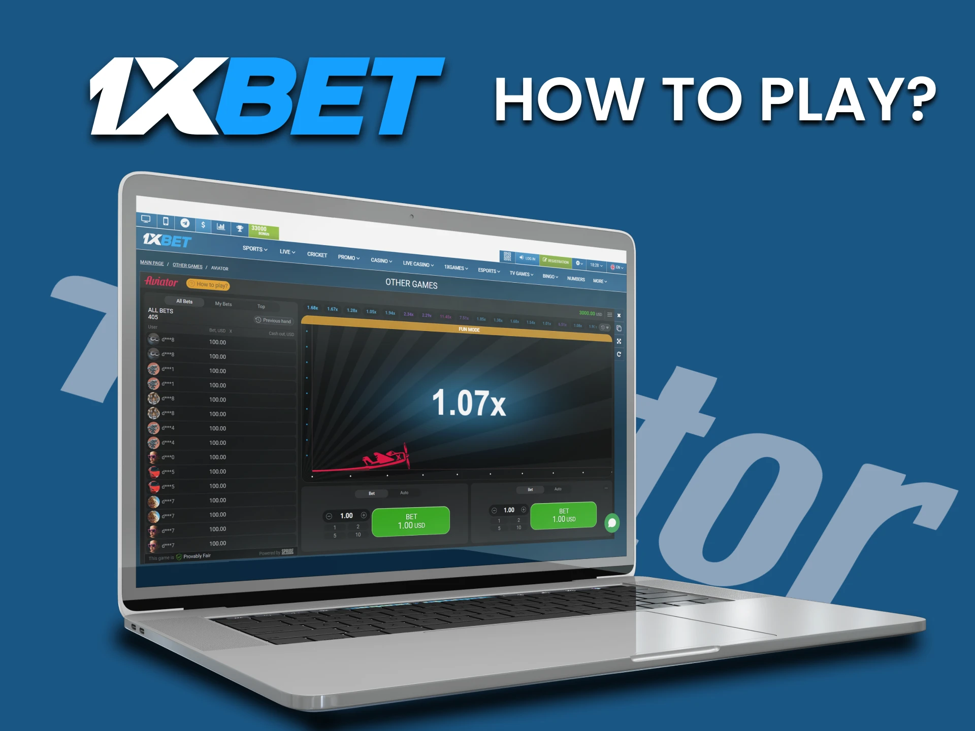 We will show you how to start playing the demo version of Aviator on 1xbet.