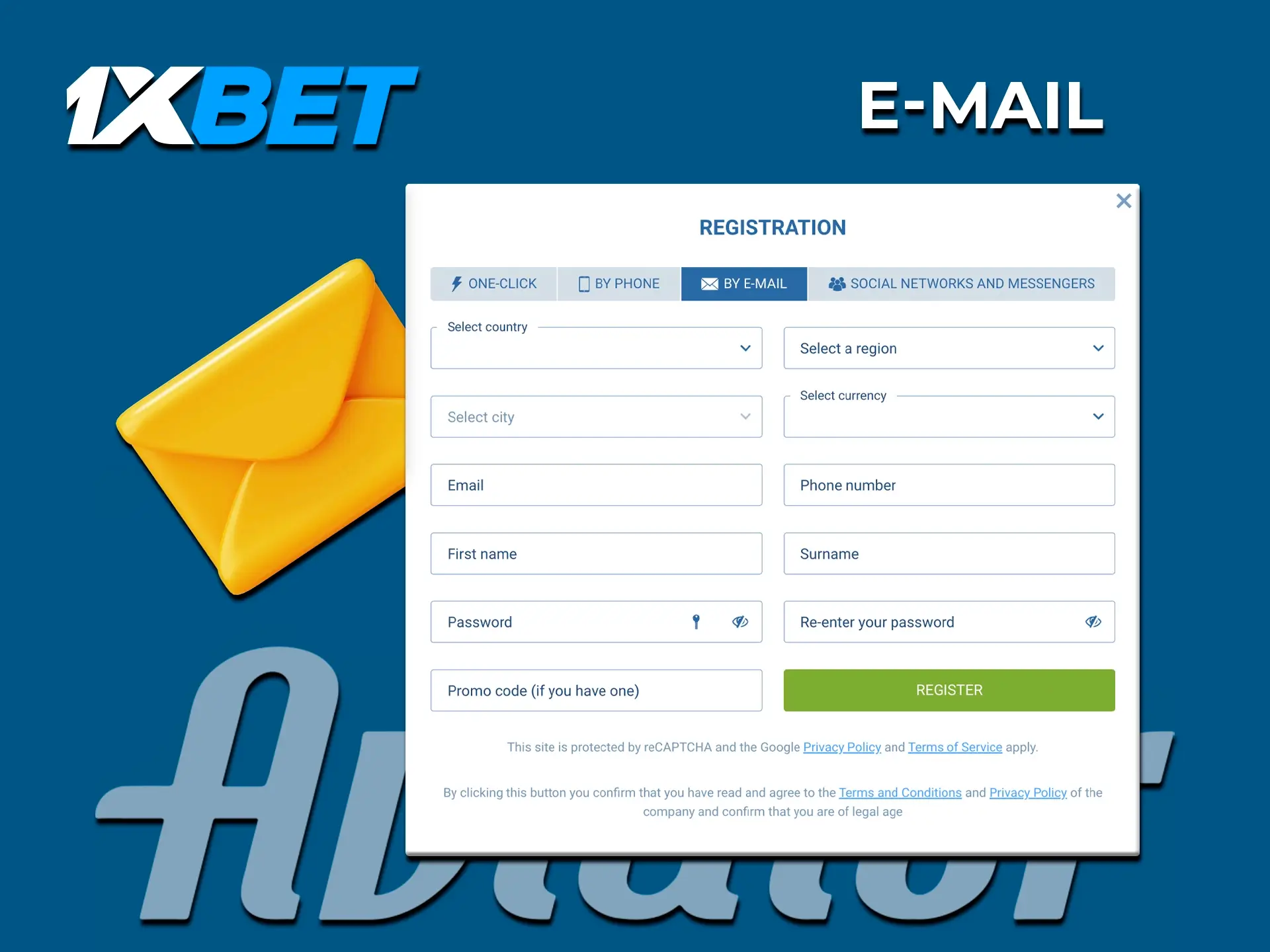 Use your email to register and fully immerse yourself in 1xBet's Aviator game.
