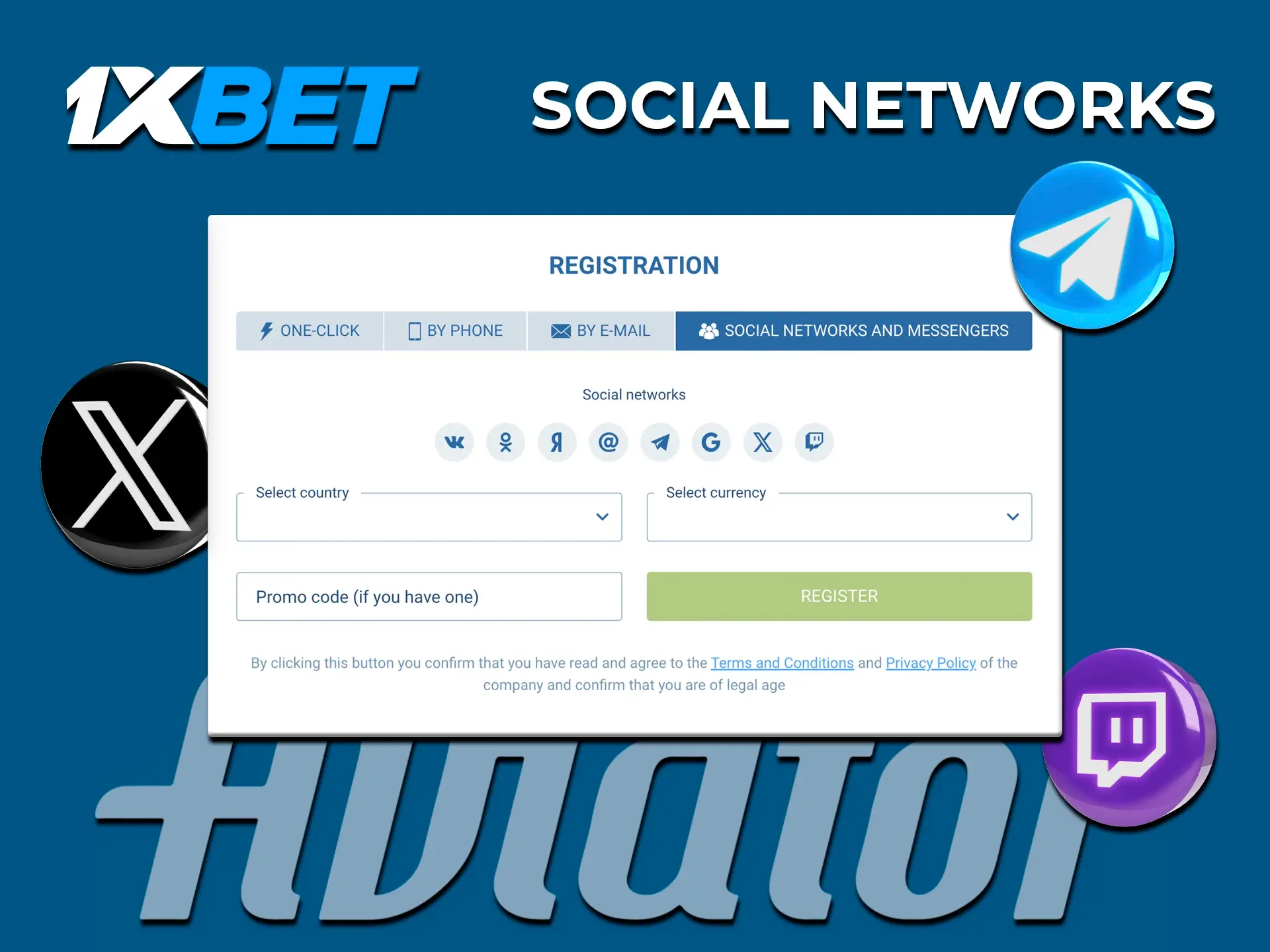 Tente registar-se na 1xBet através das redes sociais.