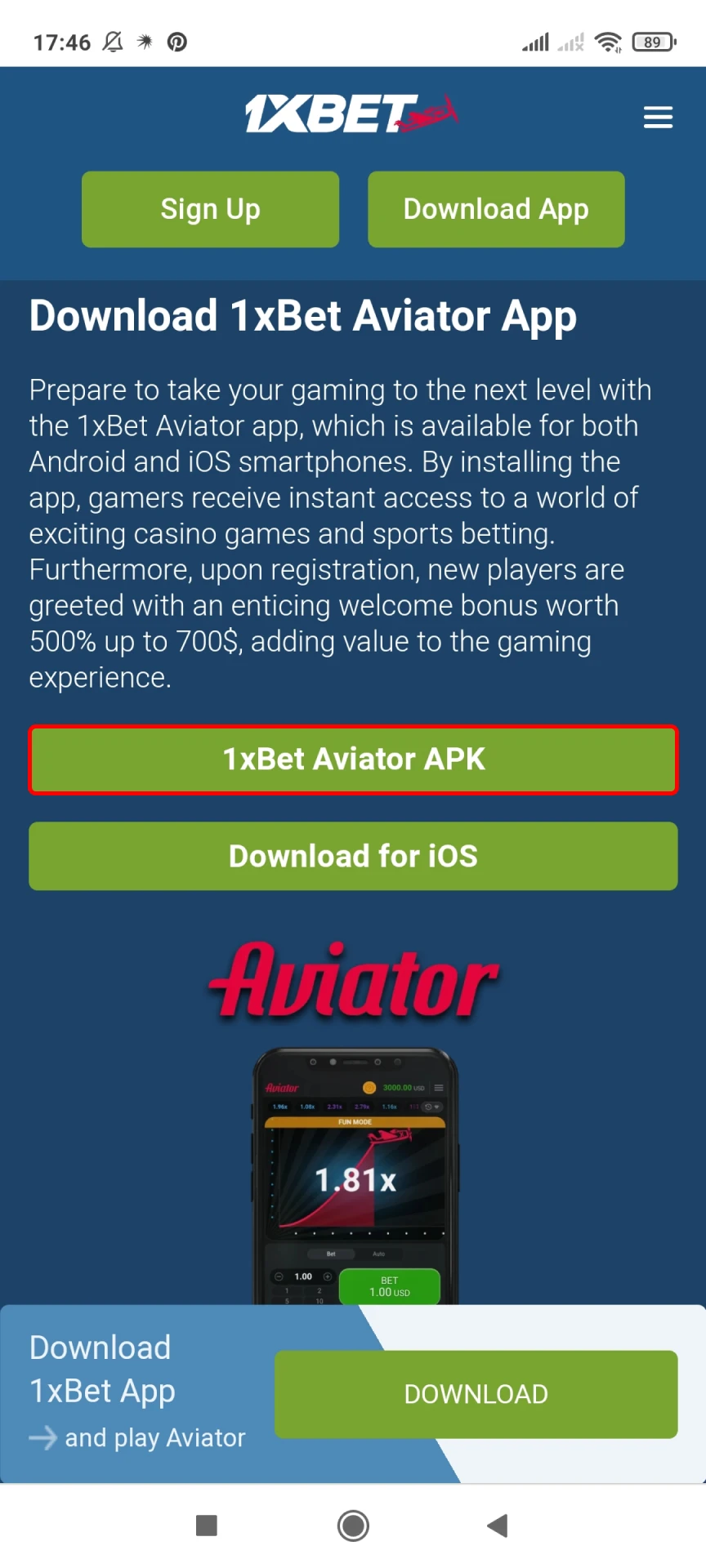 Acede ao site da 1xBet.