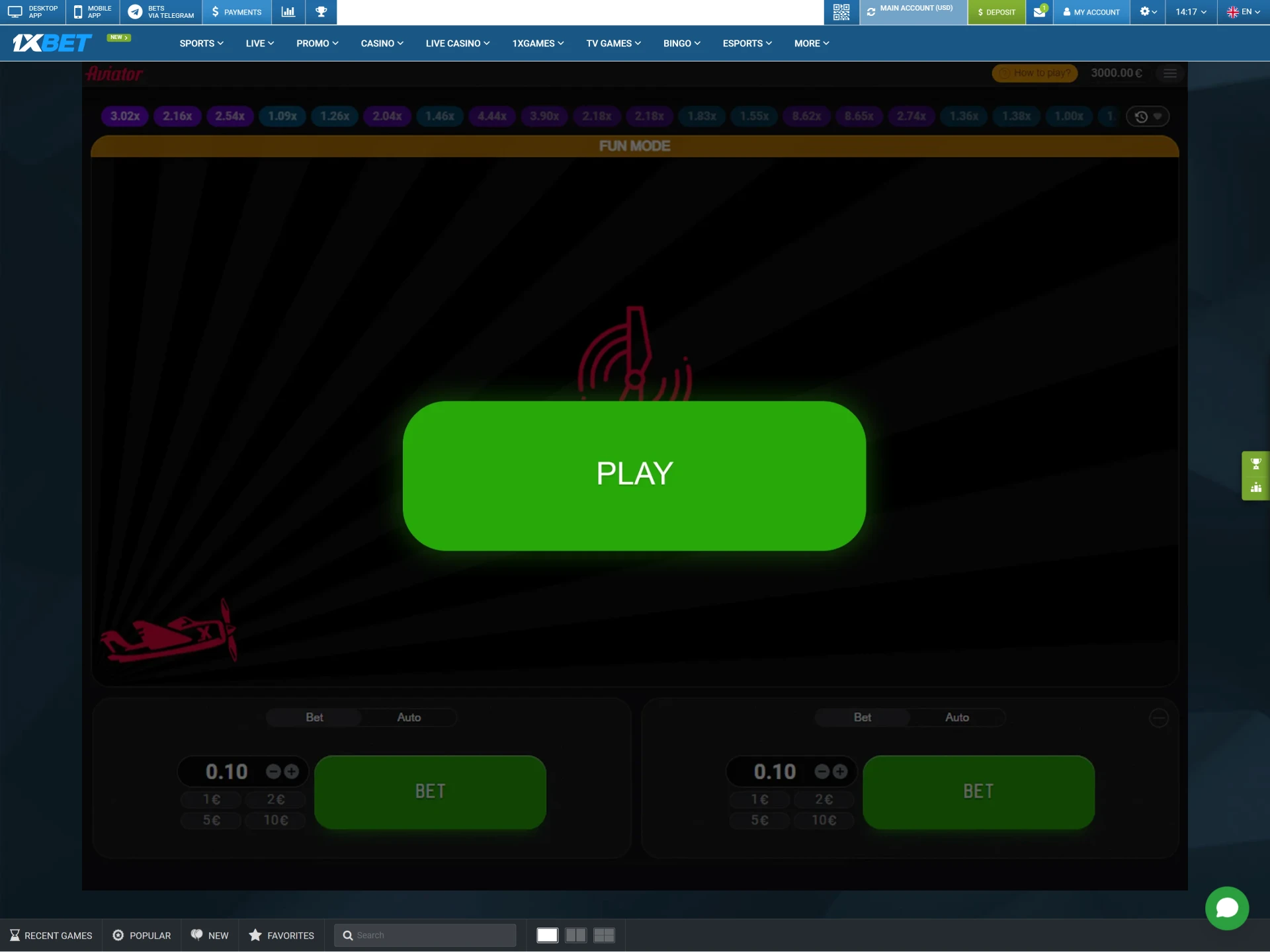 Click and play 1xBet Aviator Demo.