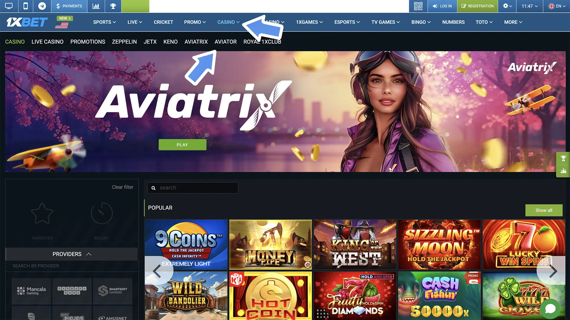Launch the casino tab on the official 1xBet casino site to find your favourite Aviator game.