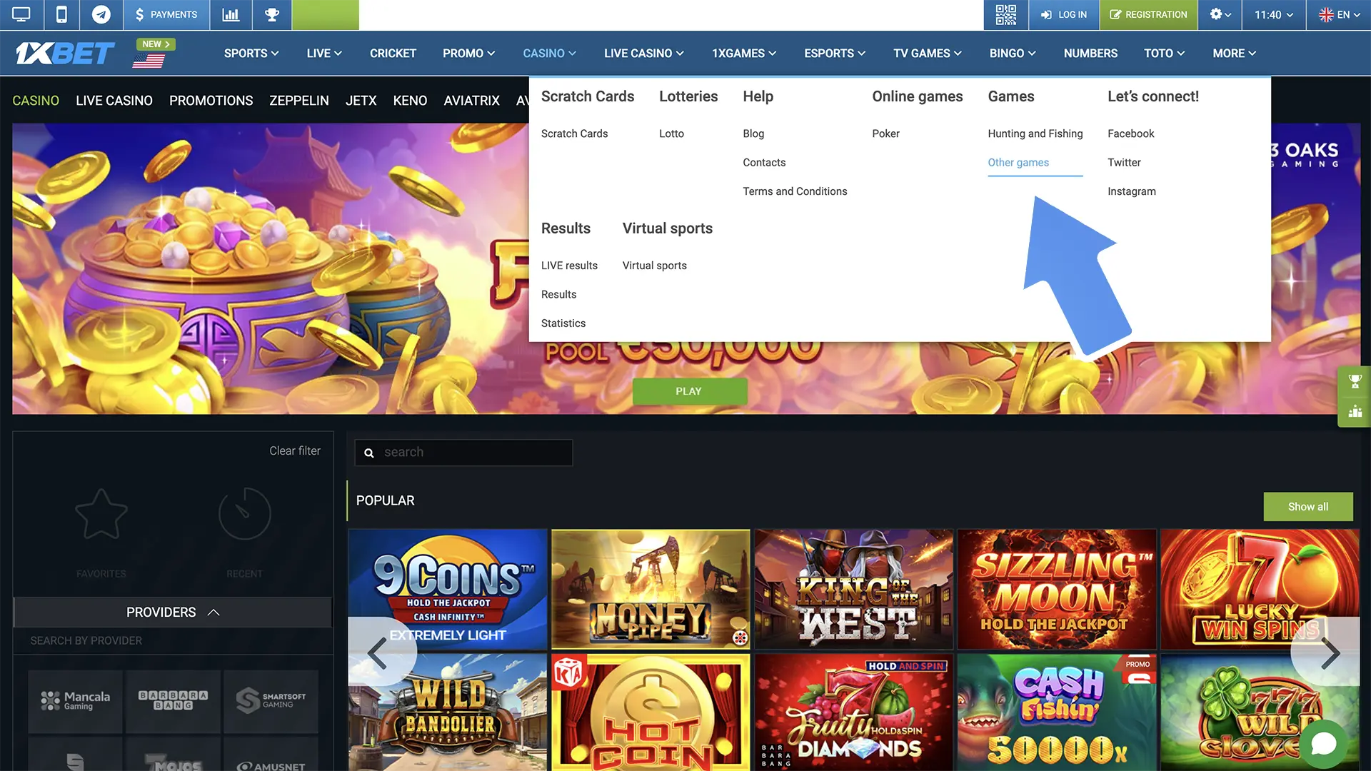 Open the "other games" tab where you will immediately find Aviator one of the most popular 1xbet casino games.