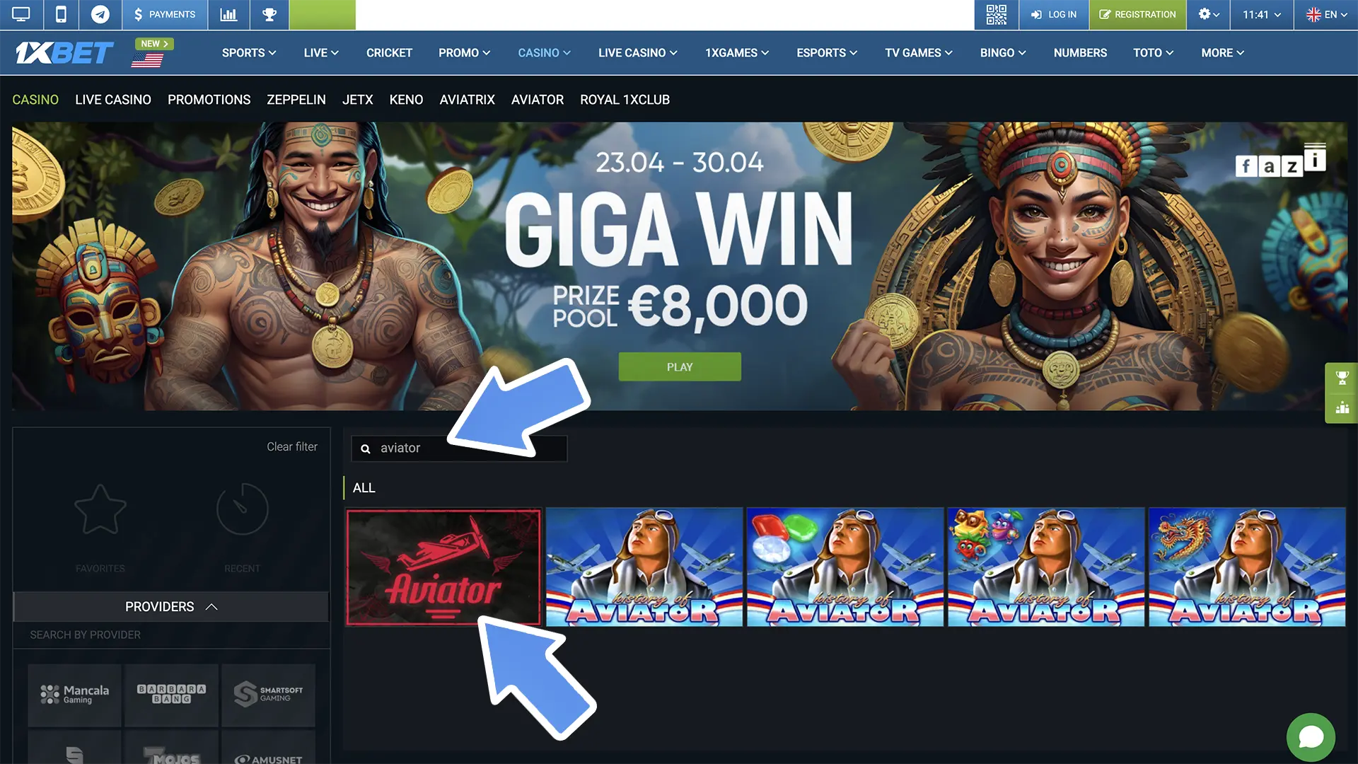 Use the search for instant access to Aviator from 1xbet.