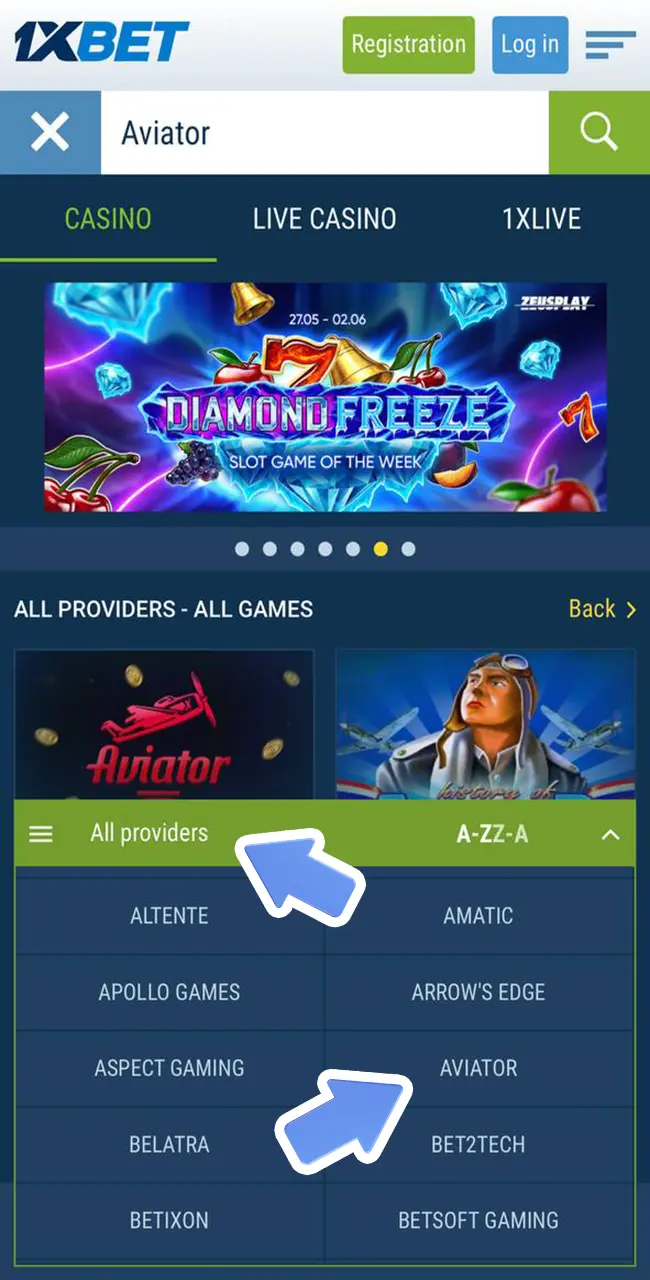 You can also find the so popular Aviator game in the block with providers represented at 1xBet Casino.