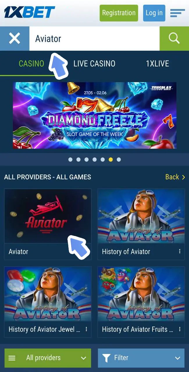 Type the name of the Aviator game in the search and it will immediately appear on the screen in the 1xBet app.